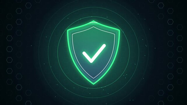 Cyber security shield with check mark scanning on dark tech background