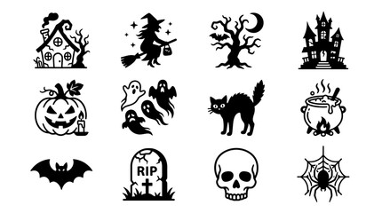 Fototapeta premium Modern Black and White Halloween Themed Icons Set Featuring Spooky Symbols Witches Ghosts Jack O Lanterns and More