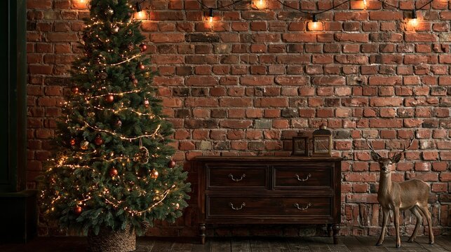 Decorated Christmas tree next to wooden cabinet and deer figure, brick wall background with lights