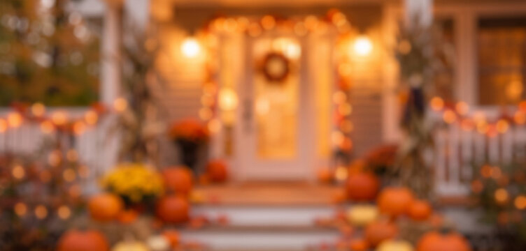 Cozy Halloween porch background with pumpkins, autumn decorations, and warm lighting, fully softened with Gaussian blur for a dreamy seasonal backdrop.