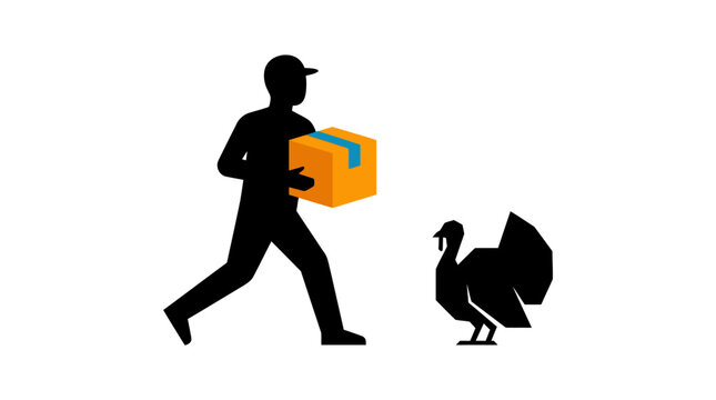 Playful vector illustration of delivery man outrunning black turkey, holiday courier symbol, orange package with blue tape, Thanksgiving humor