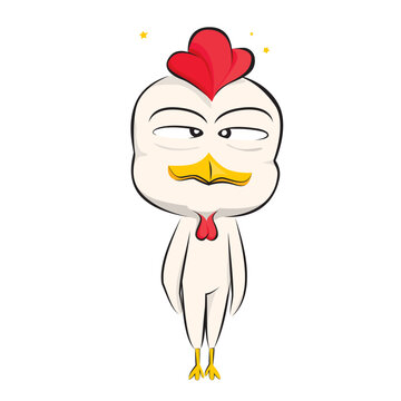 A funny cartoon chicken standing in a confused and dazed pose.