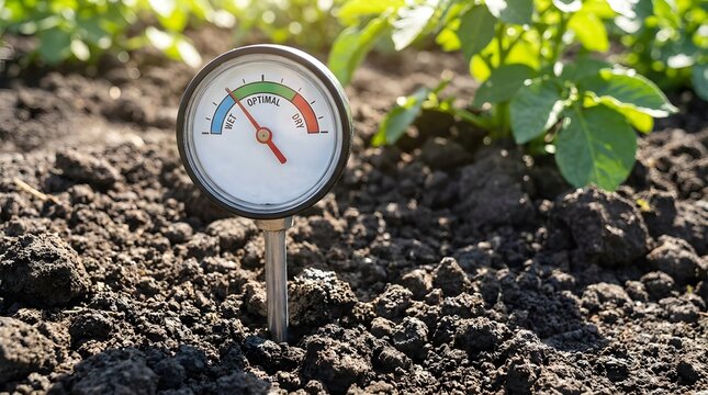Soil moisture meter showing optimal level in a garden with green plants and rich dark earth on a sunny morning.