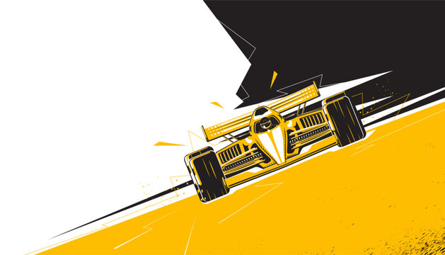 Racing car front view on race track background design.