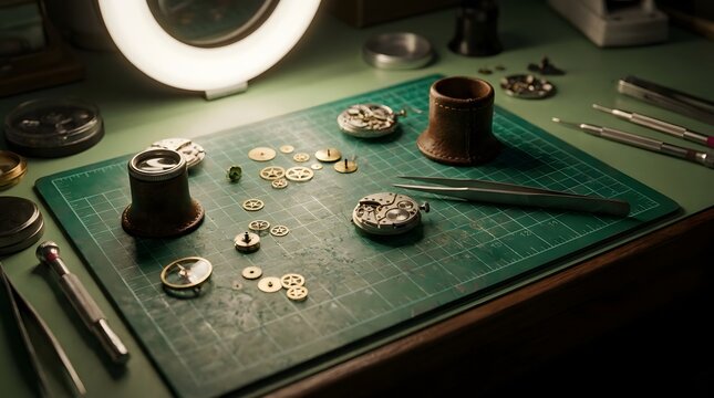 Watch repair workbench with gears, tweezers and magnifying loupes under the warm circular glow of a ring light