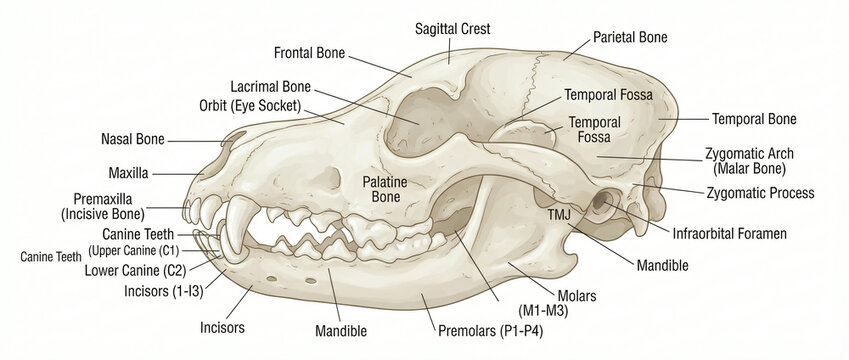 Anatomical diagram of a canine skull showing bone structures and dental features in profile view