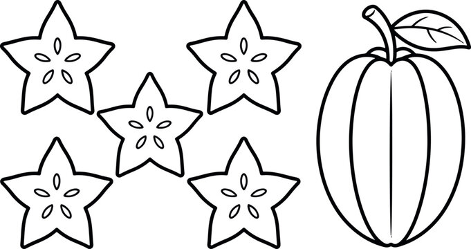 Black and white line art illustration of a whole starfruit and several sliced star shaped fruit pieces