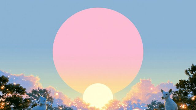 Dreamy pixel art landscape with giant pink sun