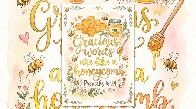 Watercolor Bible verse poster, playful hand-lettered text "Gracious words are like a honeycomb, Proverbs 16:24", surrounded by doodles of honeycomb, honey jar with a wooden dipper, bees, daisies