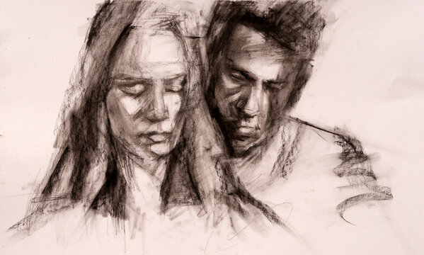Disegno artistico ed espressivo a carboncino di una coppia in un momento intimo, ritratto drammatico di uomo e donna vicini con occhi chiusi e sfumature intense, schizzo malinconico su carta chiara