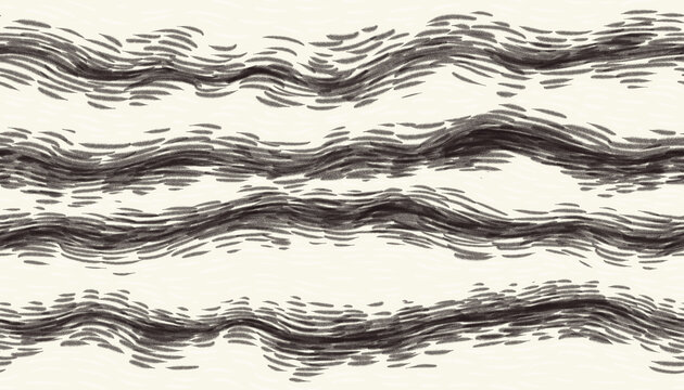 Off-white hand drawn charcoal wavy lines seamless pattern with pencil dashed texture.