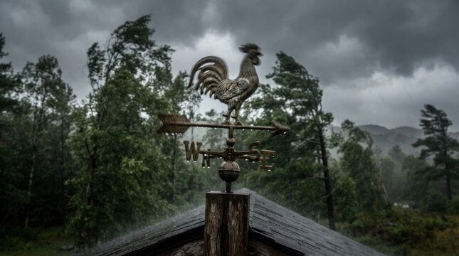 Weather vane showing rooster during a heavy rainstorm with wind blowing trees.