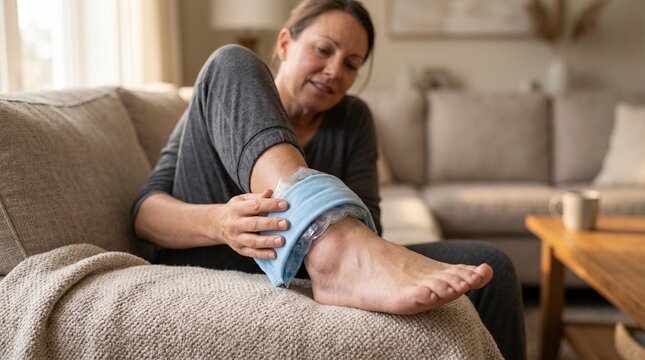 Injured foot with ice pack, Middle aged woman applying ice pack to injured ankle on living room sofa  