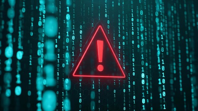 Bright red neon warning triangle icon glowing amidst streaming cyan binary code backdrop showing potential cyber security breach in digital infrastructure