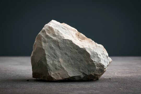Macro photo of magnesium ore rock sample, angular pale gray green mineral chunk with pitted chalky texture and rusty orange stains on dark gritty surface, teal charcoal background