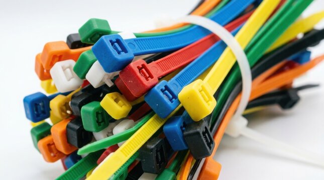 Bundle of colorful plastic cable ties isolated on a white background
