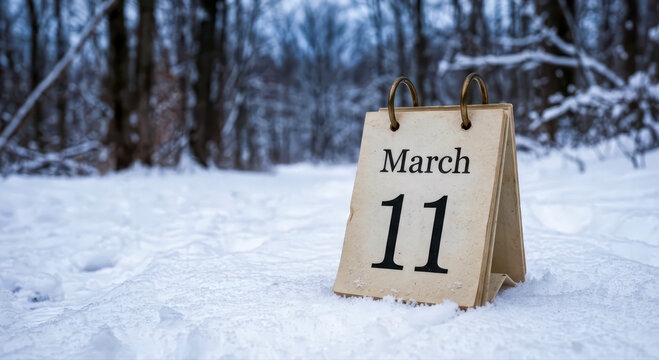 March 11 calendar standing in winter forest snow