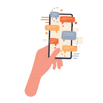 Phone in hand with chat messages. Mobile communication, digital networking vector illustration