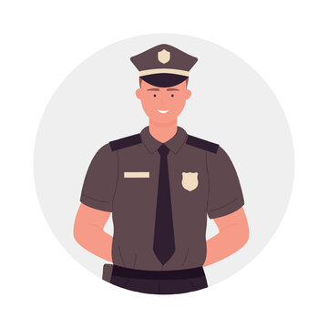 Policeman with hands behind back. Smiling young police worker vector illustration