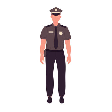 Young policeman in standing pose. Police officer in uniform vector illustration