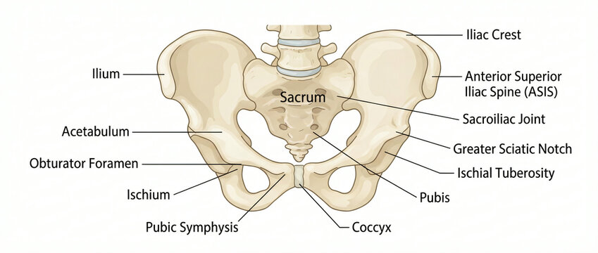 Anatomical illustration of the human pelvic girdle with detailed bone structure and labeling