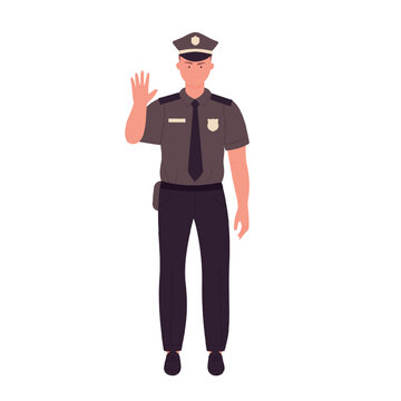 Policeman shows stop gesture. Standing police officer in uniform vector illustration