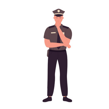 Confused standing policeman. Police officer in thinking pose vector illustration