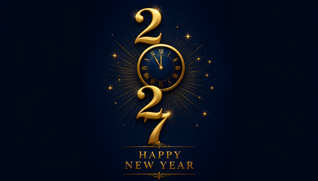 Modern vertical layout 2027 text with gold clock icon for new year social graphics.