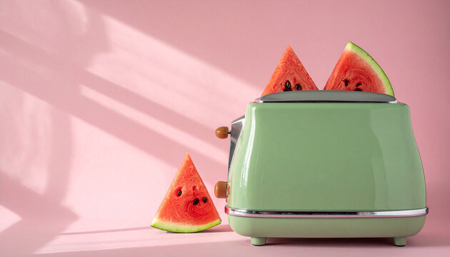 Retro mint green toaster popping up watermelon slices on a pink background with window light, playful summer concept with copy space