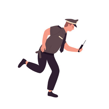 Angry policeman running. Police officer in chasing pose vector illustration