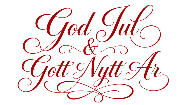 Swedish god jul and gott nytt ar calligraphy lettering in elegant red script.