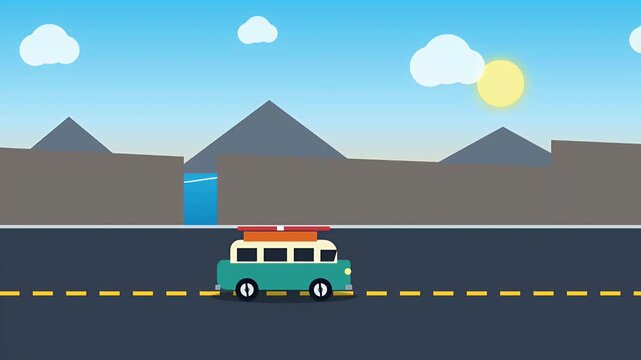Camper van driving on road along mountain landscape