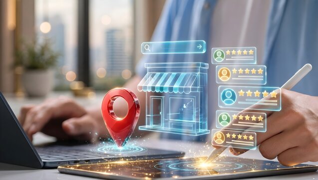 Local business search and online store review hologram with 5-star rating