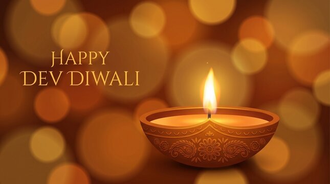 Happy dev diwali background featuring a traditional jeweled terracotta diya oil lamp with a vibrant flame on a warm, blurred, golden bokeh background for kartik purnima