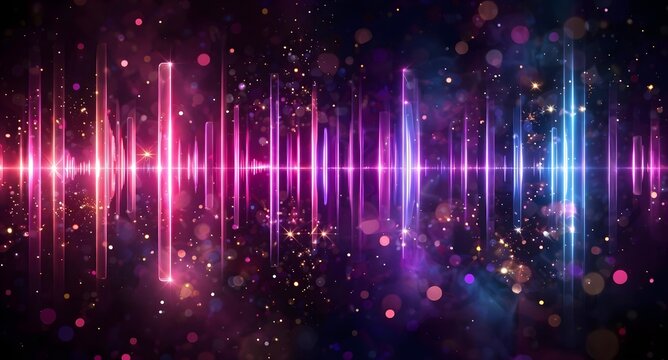 Abstract neon sound equalizer wave background with glowing light bars and bokeh