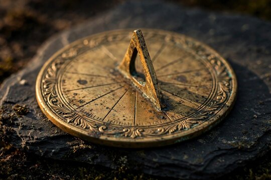 Antique brass sundial macro photograph on dark slate stone with warm side light