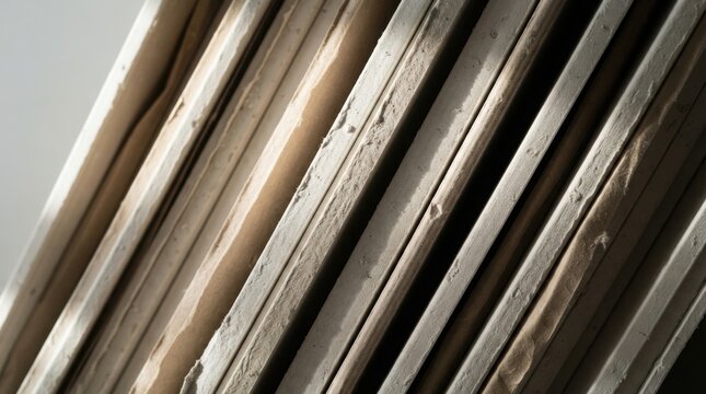 Stack of drywall sheets leaning against a wall in a construction site