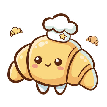 Cute kawaii croissant chef character wearing baker hat vector illustration transparent background