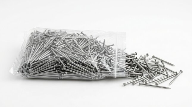Metal nails spilling from a clear plastic bag on a white background