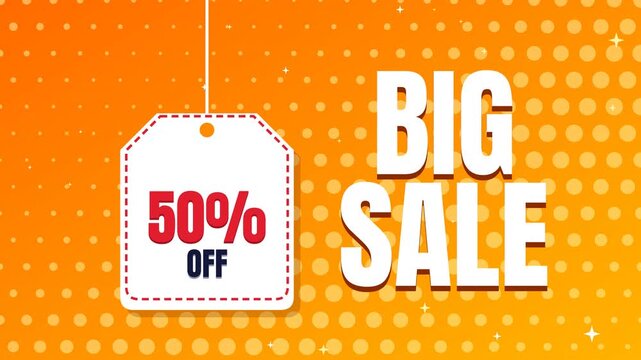 Big Sale 50% Off Orange Swinging Price Tag Halftone Background Store Promotion Animation 4K