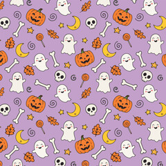 Obraz premium Cute Halloween seamless pattern with spooky ghosts, pumpkin jack o lanterns, skulls, and candy doodles on a purple background for autumn textile wrapping paper design