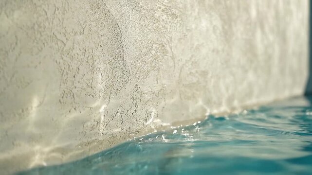 Beautiful water caustics and light reflections on a textured concrete swimming pool wall surface