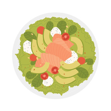 Healthy salmon salad. Warm bowl salad, fitness menu dish, vegetables food vector illustration