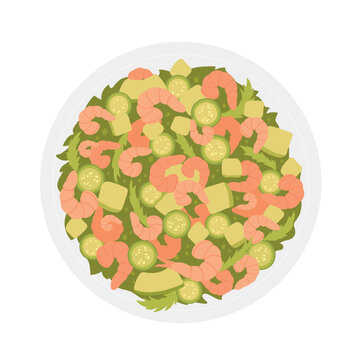 Fresh salad with shrimps. Healthy salad bowl, fitness food meal vector illustration