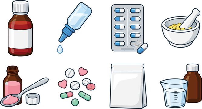 Medical Supplies and Pharmaceutical Drugs Vector Icon Set Featuring Cough Syrup Bottles Blister Pack Eye Dropper Mortar Pestle Pile of Pills and Measuring Cup