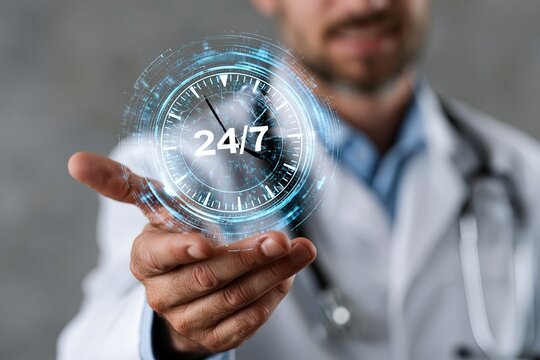 Doctor Holding 24/7 Clock Hologram