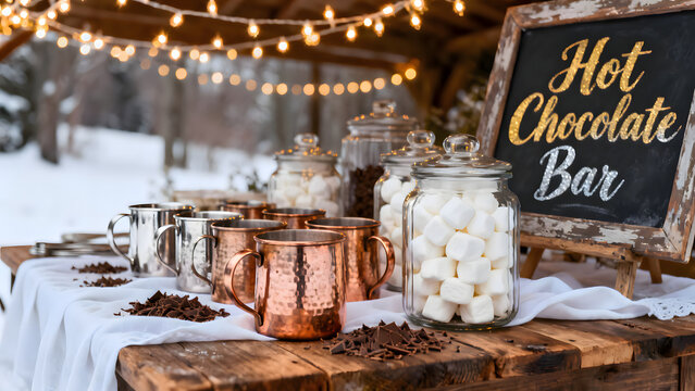 Hot chocolate bar setup with festive mood in winter outdoors
