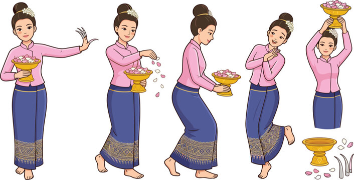 Northern Thai Lanna Culture Vector Character Set Featuring Female Dancers Performing Traditional Fon Leb Fingernail and Fon Khan Dok Flower Dances