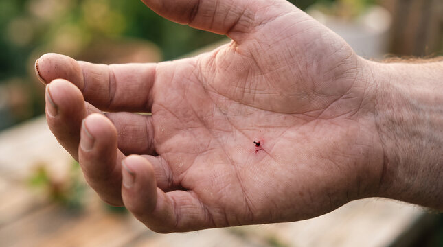 Mosquito bite on palm: A close-up shot of a small, dark mosquito bite on a person's open palm, highlighting a common annoyance.