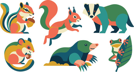 Fototapeta premium Colorful woodland animal vector collection featuring squirrels badger mole and frog illustrations on white background